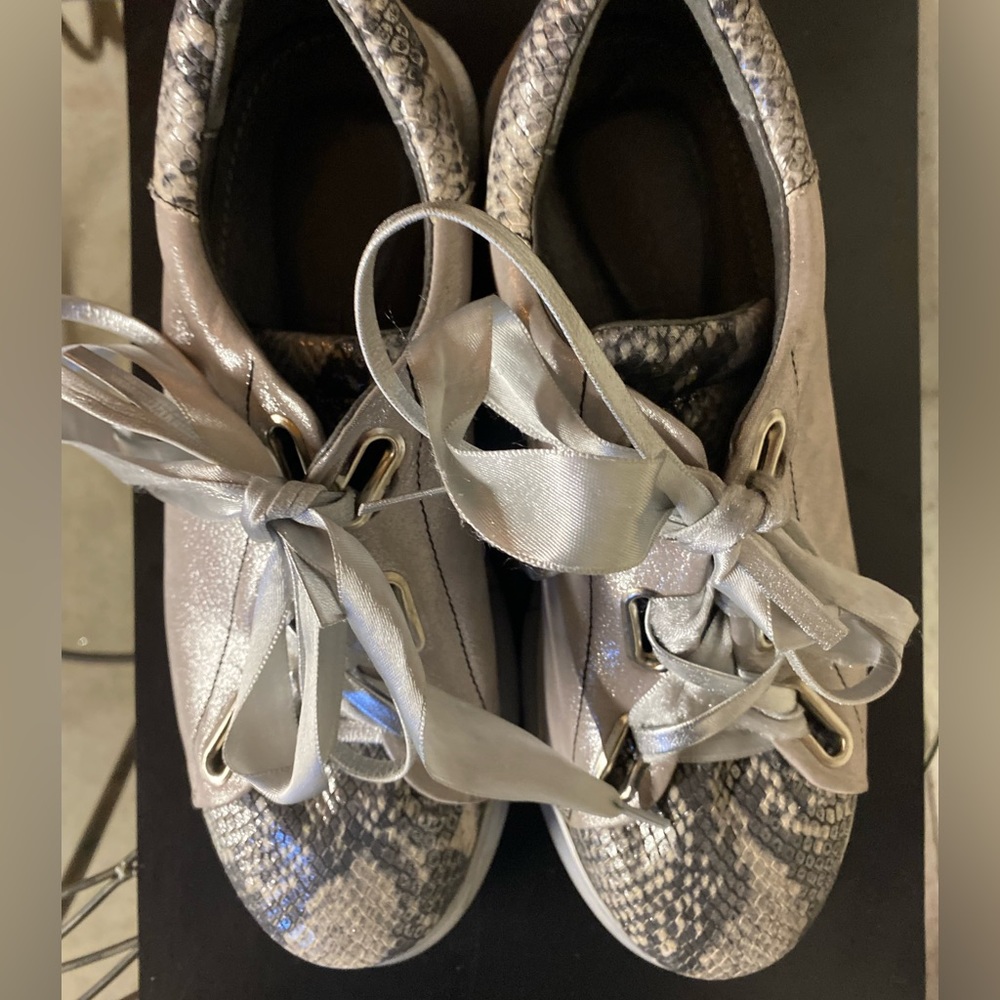 Hand made platform Leather shoes.  Silver and grey snakeskin.